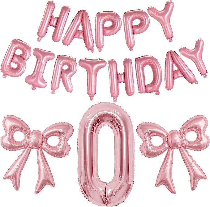 Bow Number 0 Birthday Balloons, 40”Pink Aluminum Foil Balloons Happy Birthday Balloon for Girl Birthday Party, Princess, Coquette Party Decorations Supplies