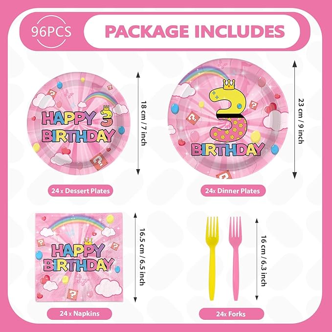 96Pcs Pink and Yellow 3rd Birthday Decorations Princess Pink and Yellow Party Plates and Napkins Disposable Tableware for 3 years Old Girls Princess Birthday Party Decorations Serve 24