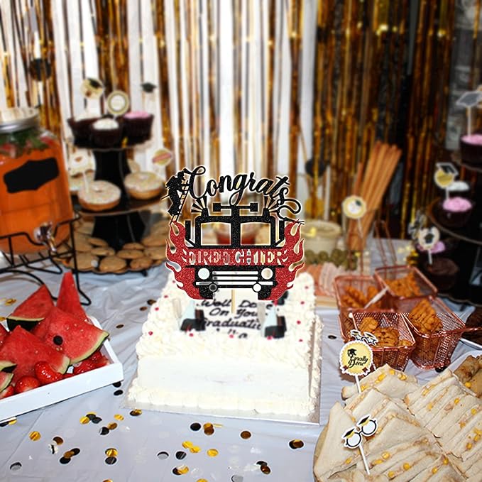 Congrats Firefighter Cake Topper, Congrats Grad/Future Fireman, Fire Academy Graduation Party Decoration Supplies, Black and Red Glitter