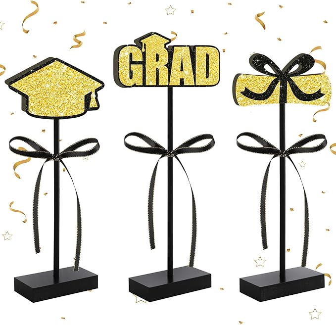 Black Gold Glitter Centerpieces for 2026 Graduation Decorations,Wooden Signs Grad Table Topper,Graduation Table Decorations for Class Of 2026 Party Decor and Party Favor(3 Pcs)