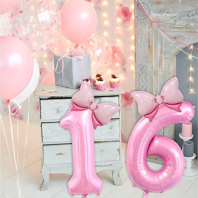 40 inch Number 16 Balloon with Bow Pink Happy Birthday Jumbo Number Balloons for Girls Daughter Birthday Decorations Party Supplies (Pink Number 16)