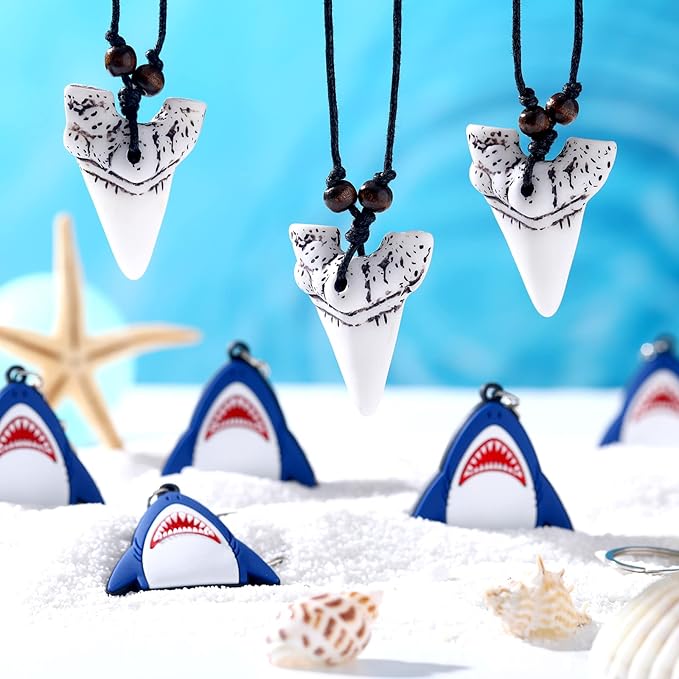 Jerify 110 Pcs Shark Party Favors Keychains Tooth Necklaces, Silicone Bracelet Wristbands Button Pins Gift Bags and Stickers for Birthday Shark Party Supplies Ocean Sea