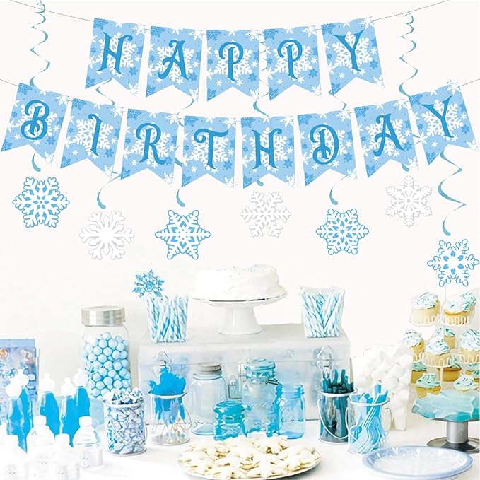Zwiebeco Blue White Snowflakes Happy Birthday Party Decoration Sign Banner Hanging Paper Swirls for Kids Girls Womens Adults Winter Wonderland Themed Accessories Supplies