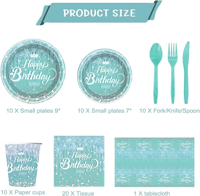 81Pcs Teal and Silver Tableware Set Sparkling Diamonds Party Decoration for Girls and Women Birthday Party Supplies (Blue)