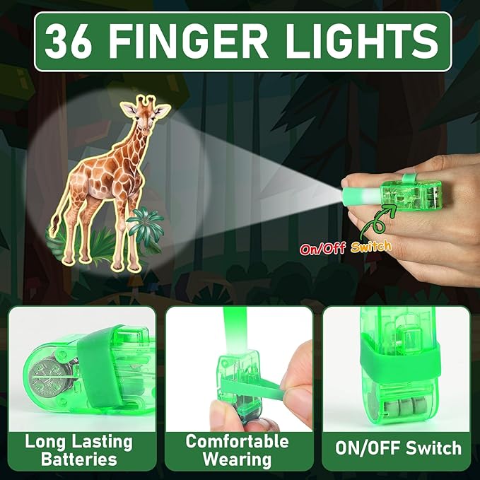 36Pcs Jungle Safari LED Finger Lights Animals Party Favors Glow in the Dark Light Up Finger Lights Forest Wildlife Themed Toys Bulk for Birthday Party Goodie Bag Stuffer Birthday Gifts Classroom Prize