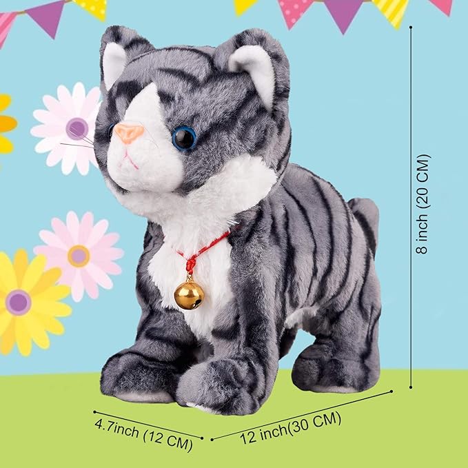 Pattern Gray Robot Cat Plush Cat Stuffed Animal Interactive Cat, Meow Kitten Touch Control, Electronic Cat Pet, Robotic Cat Cat Kitty Toy, Animated Toy Cats for Girls Baby Kids L:12"