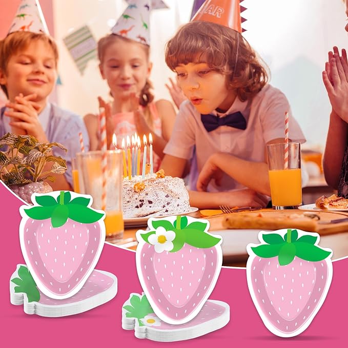 50 Count Strawberry Party Paper Plates Pink Strawberry Theme Shortcake Dessert Cake Disposable Plates for Party Birthday Parties Weddings Baby Showers Decorations Supplies