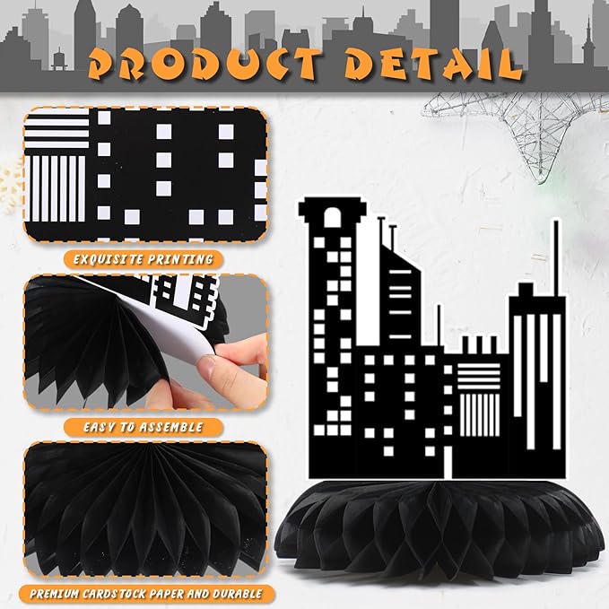 Pickmesh 12 Pieces Hero Party Decorations City Skyscraper Honeycomb Centerpieces Table Decorations Skyline Buildings Table Topper for Hero Birthday Skyscraper Party Supplies
