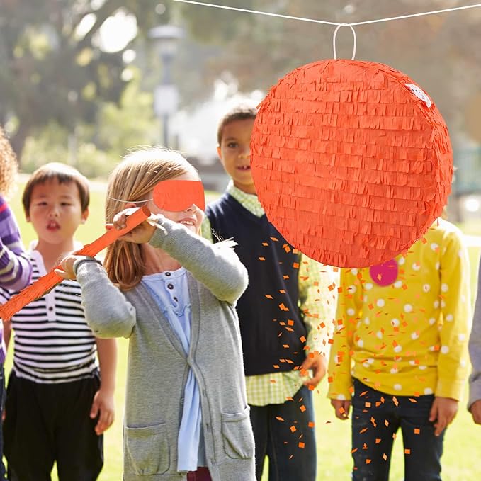 Orange Round Pinata with Stick Blindfold and Confetti DIY Blank Pinata for Adults Kids Birthday Party Supplies Carnivals Thanksgiving Decorations