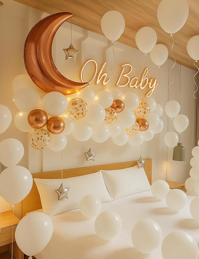 Rose Gold and White Balloons - Retirement Balloons with String Lights Moon and Star Balloon Rose Gold Party Decorations for Women Baby Shower Twinkle Twinkle Little Star Gender Reveal Party Supplies