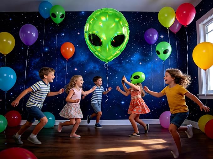 Green Alien Head balloons,Starry Alien UFO Party Supplies,Outer Space Science Fiction Party Decorations,Fantasy Space Party,Halloween Galaxy Theme Supplies