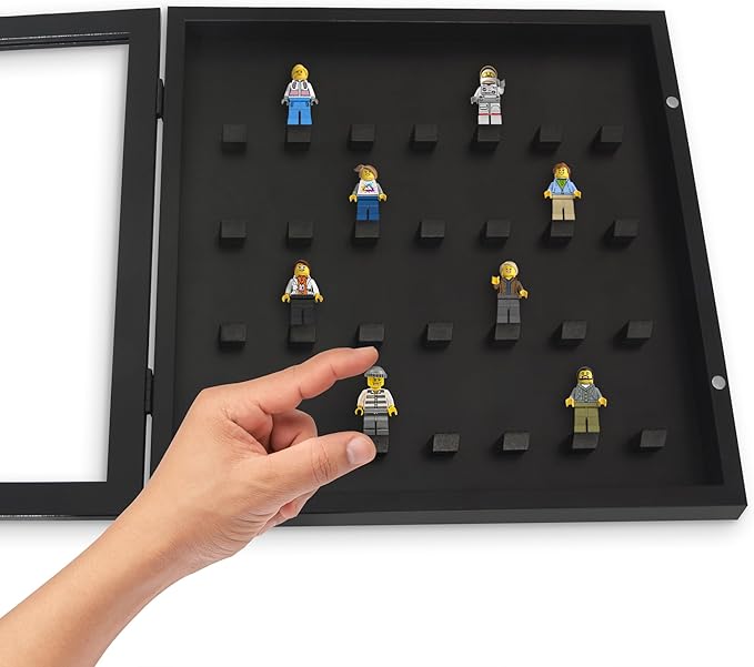 Americanflat 14x14 Minifigure Display Case with Polished Plexiglass - Holds 28 Minifigures - Silhouette Collection - Wall-Mounted Building Block Toy Display Case for Small Toy Collectibles - Black