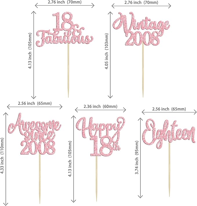 Ephlyn 30Pcs Vintage 2008 Cupcake Toppers Glitter Eighteen Happy 18th Birthday 18 Fabulous Cupcake Picks Cheers to 18 Years for 18th Birthday Wedding Anniversary Party Cake Decorations Supplies Pink