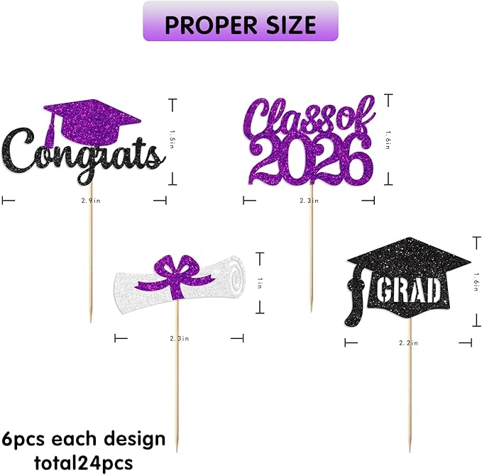 Purple Graduation Cupcake Toppers Decorations Class of 2026 Cupcake Topper Graduation Cup Cake Picks Congrats Grad Party Decor Supplies Set of 24