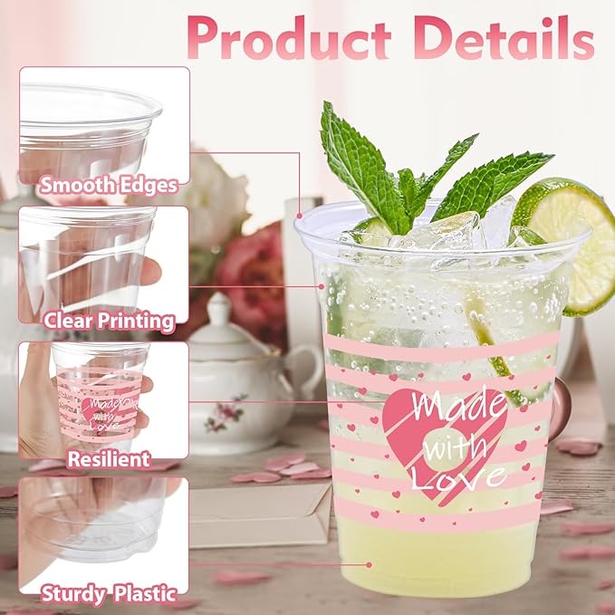 100 Pcs Valentine's Plastic Cups,12 oz Valentine's Disposable Cups Valentines Party Theme Cups Pink Red Heart Cups for Anniversary Wedding Birthday Dinner