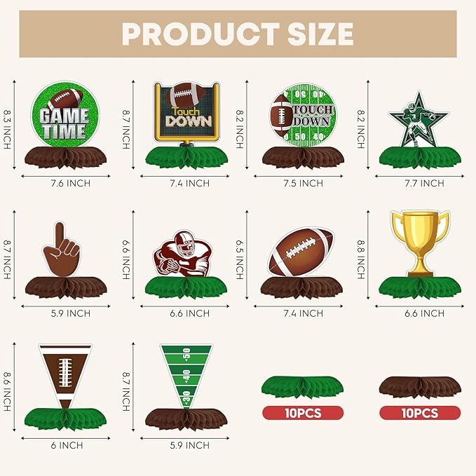 Horaldaily 10PCS Football Party Table Decoration Centerpieces, Football Game Day Honeycomb Centerpieces Table Toppers for Home Classroom School Boys Girls Baby Shower Birthday Supplies