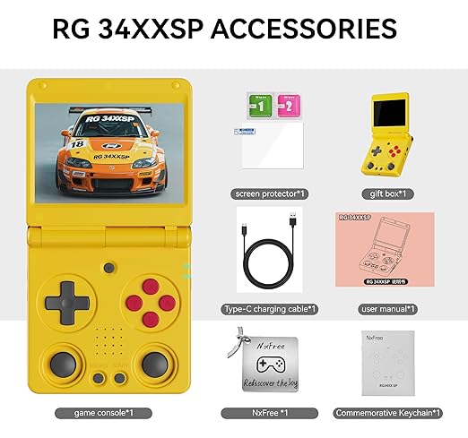 Anbernic RG34XXSP Retro Gaming Console – Flip Design, 3.4'' IPS Screen 720×480, 64G TF Card with 5000+ Games, Portable Handheld, 3300mAh Battery, WiFi HDMI Bluetooth (Yellow 64G)