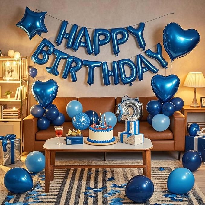 27 Pcs Dark Blue Birthday Decorations, 3D Foil Dark Blue Happy Birthday Balloon Banner, Pentagram Heart Foil Balloons Confetti Balloons Kit For Boys Girls Birthday Party Supplies