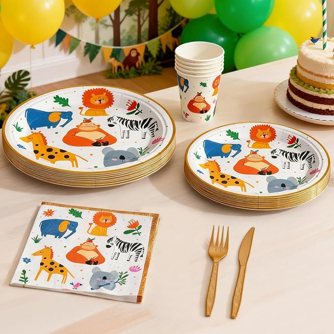 144Pcs Jungle Animals Birthday Party Supplies Decorations Animal Themed Paper Plates Napkins Vintage Party Tableware Disposable Dinnerware for Girl Boy Kid Birthday Baby Shower Table Decor, Serve 24