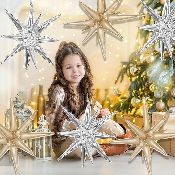6 Pcs Silver Star Foil Balloons One-Piece 14-Pointed Star Balloon 4D Starburst Cone Mylar Balloon 22inch Christmas Birthday Wedding Wedding Anniversary Party Supplies (Silver + Caramel Colour)