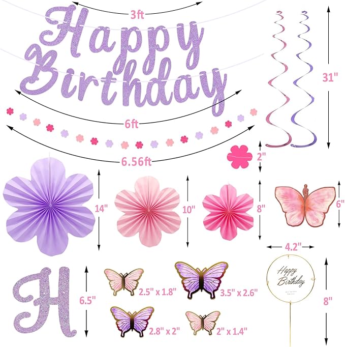 Butterfly Birthday Decorations Party Supplies with Pre-strung Happy Birthday Banner,Flower Garland,Cake Cupcake Toppers,Hanging Swirls, Paper Fan Spring-themed Decor Pack for Women Girls