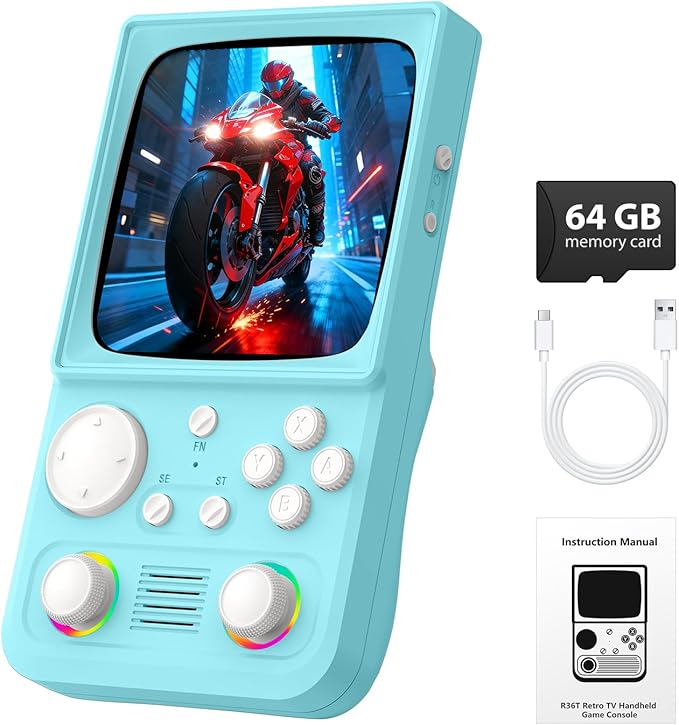 R36TMAX Retro Handheld Game Console, 4.0'' 720x720 IPS Screen, 64GB Supports 18000+ Classic Games, EmuELEC System Supports WiFi Networked Fighting and OTG, 4000mAh, with Portable Case(Blue 64GB)