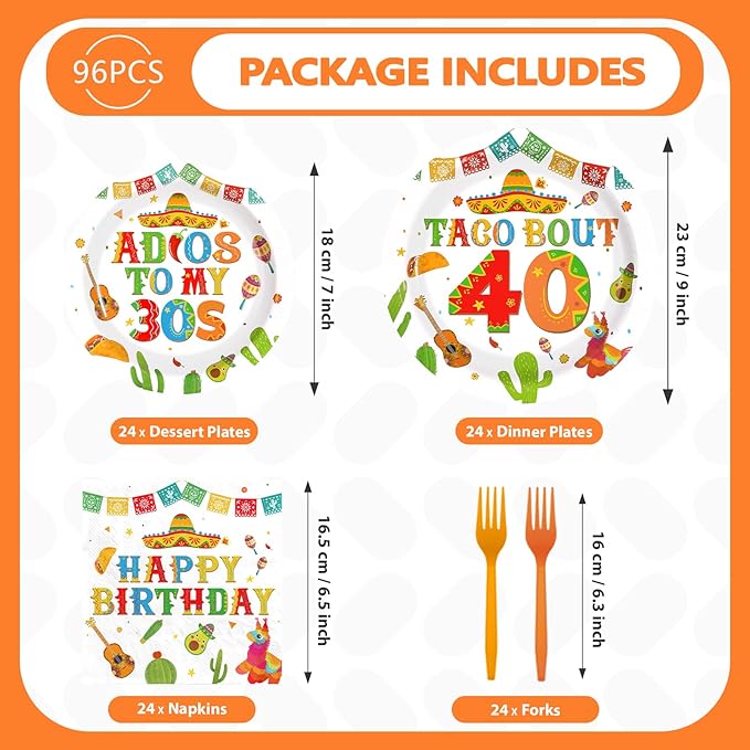 96Pcs Taco 40th Birthday Party Supplies Mexican Fiesta Adios To My 30s Plates and Napkins Disposable Mexican Tableware Sets for Adults Cinco De Mayo 40 Years Old Birthday Decorations,Serves 24﻿