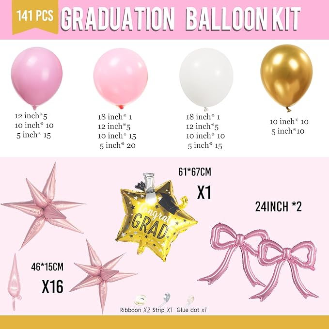 Pink and White Gold Grad Balloon garland arch kit 140pcs With Large Gold pink Star Bow balloons for 2025 graduations decorations Prom girl's birthday party supplies