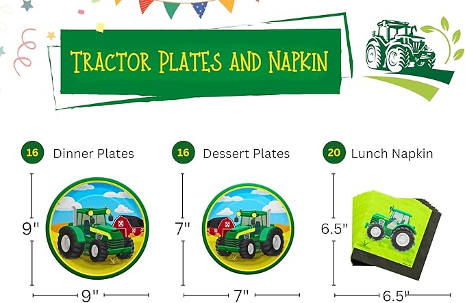 Blue Orchards Tractor Party Plates and Napkins (52 pieces for 16 Guests) - Farm Animal Party Supplies, Tractor Theme Baby Shower
