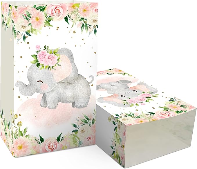 24 PCS Elephant Girl Party Favor Bags with Stickers - Elephant Girl Party Candy Bags – Pink Elephant Goodie Gift Treat Bags Pink Elephant Themed Birthday Party Supplies