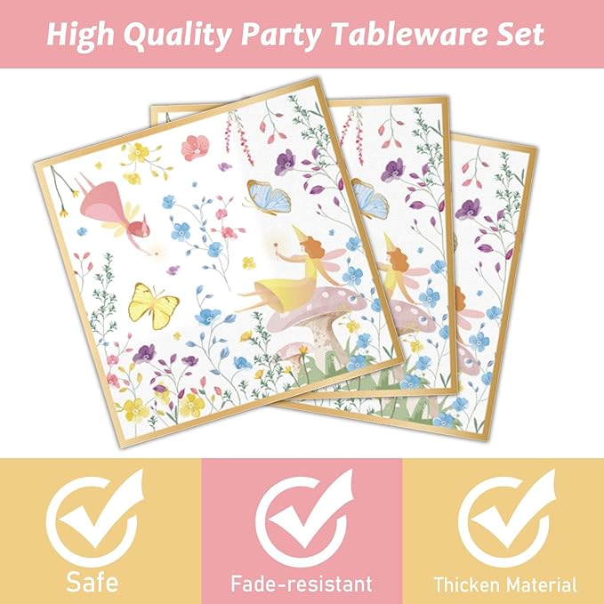 96 Pcs Fairy Plates and Napkins Party Supplies Talking Truly Fairy Tableware Set Tea Luncheon Party Decorations Favors for Girls Kids Birthday Baby Shower Serves 24