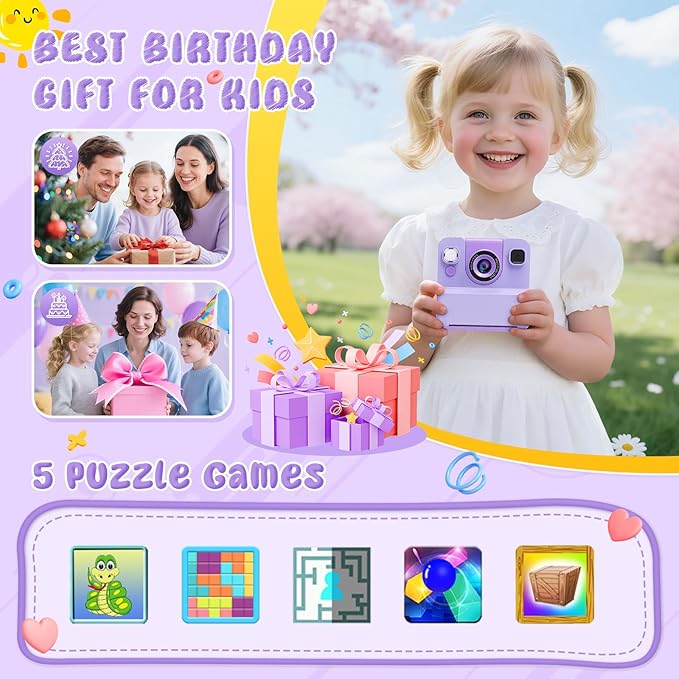Kids Camera Instant Print Toys for Teenage Girls :Flip-Up Cameras Gift for Girls Ages 3-16 (for Christmas Or Birthday),1080P HD Digital Video Instant Print Cameras with 3 Rolls Paper & 32Gb-Purple