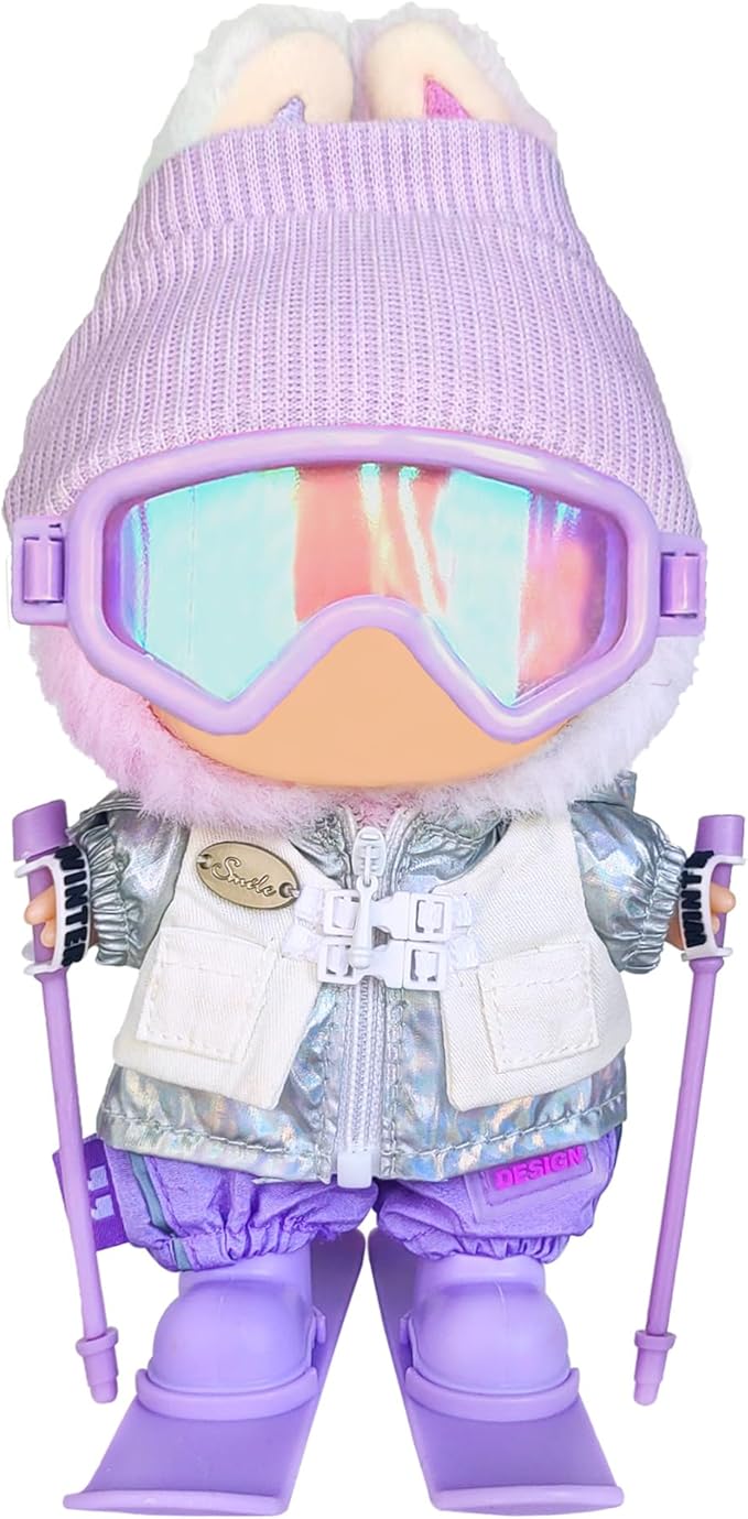 17cm Doll Clothes and Accessories Set for Lububu- Winter Snow Themed Ski Outfits with Hat, Jacket, Pants, Mini Poles, Goggles & Skis, Designer Clothing for Doll Dress-Up and Display(Purple)