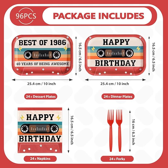 40th Birthday Decorations 96Pcs 40th Birthday Plates and Napkins Retro 80s Party Cassette Tape Disposable Tableware for 40 Year Old Women Men Retro Music Hip Hop Party Decorations