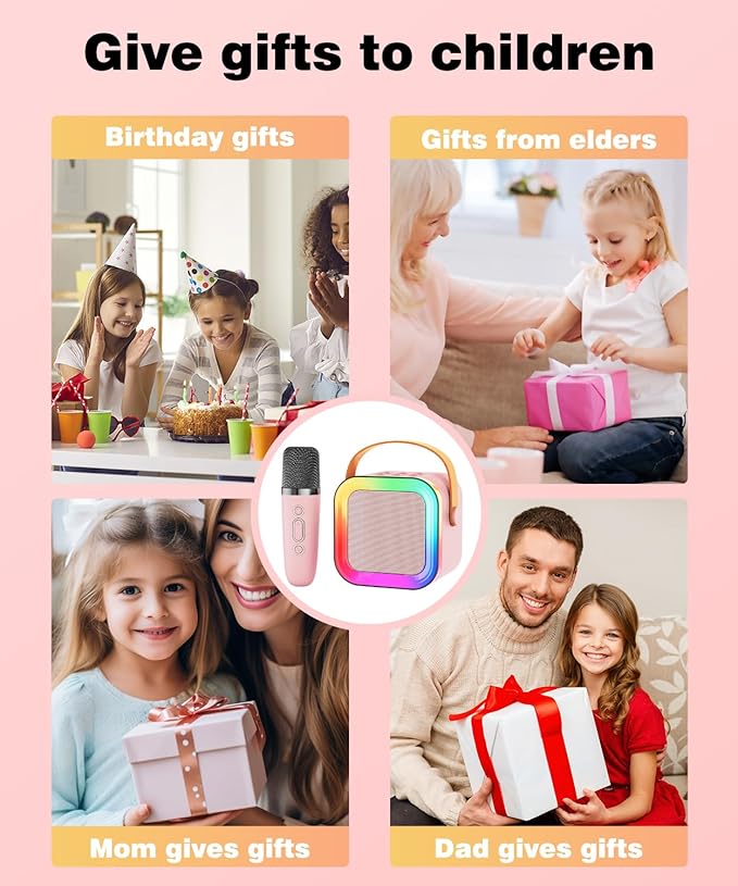 Mini Karaoke Machine Speaker for Kids Adults,Portable Bluetooth with 1-2 Wireless Microphones,Christmas Birthday Gifts Toys Girls Boys Ages 4, 5, 6,7, 8,9,10,11,12+ Years Old Toddler (Pink - 2 Mic)