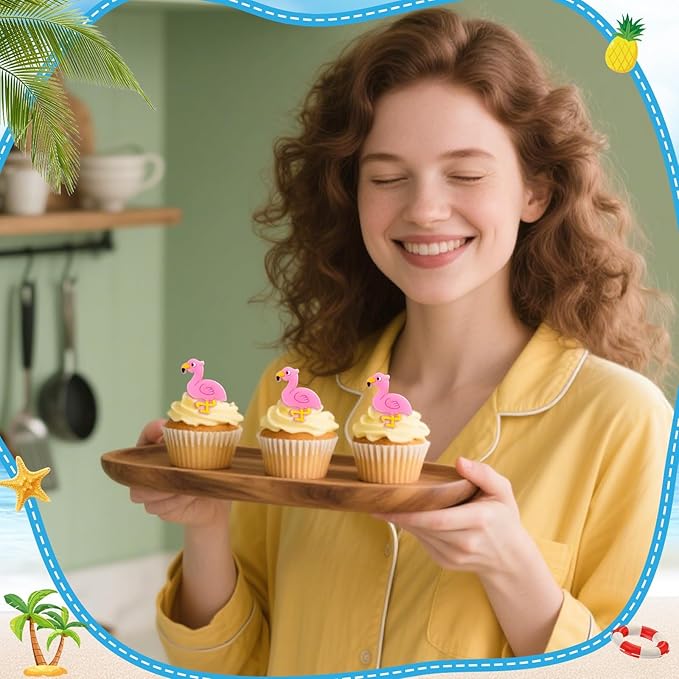 24 PCS Flamingo Cupcake Toppers Cupcake Rings Birthday Cupcake Toppers Tropical Flamingo Theme Cupcake Picks for Baby Shower Hawaiian Luau Aloha Summer Party