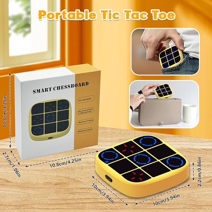 4-in-1 Electronic Tic Tac Toe Bolt Game with Mute Function, Handheld Puzzle Game Console Toys for Educational, Portable Travel Games, Board Games Gifts for Kids and Adults (Yellow)