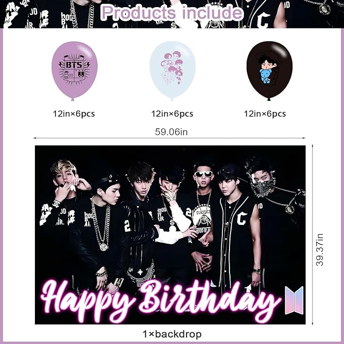 Bangtan Boys Birthday Party Decoration,Boy Band Party Photo Background 5 x 3 FT and 18 Pcs Balloon,Merch Party Backdrop Supplies