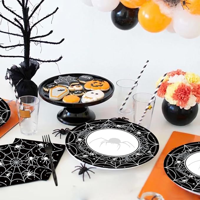 80 Pcs Halloween Spider Web Tableware Party Supplies - Disposable Dinnerware Set with Paper Plates, Napkins, and Forks for Spooky Halloween Party Supplies, Birthday Decorations Serves 20