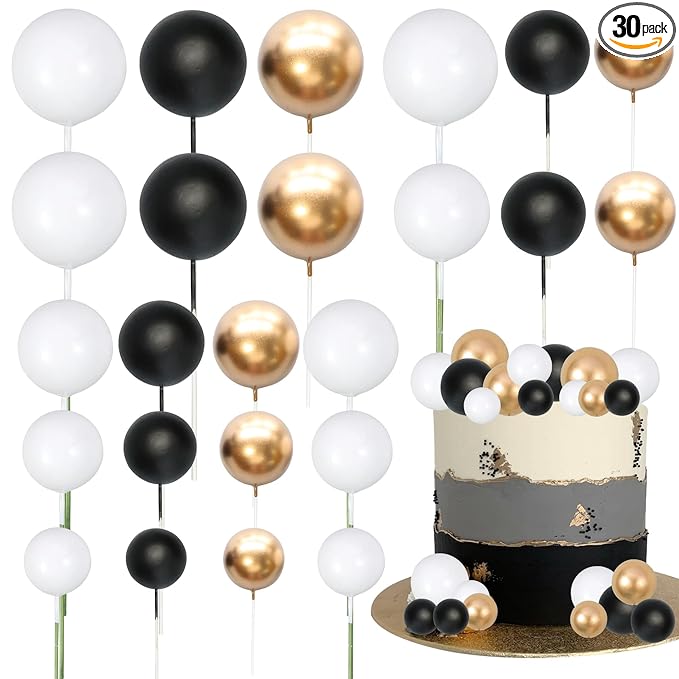 Gyufise 30Pcs Black White Gold Ball Cake Toppers Mini Balloon Cupcake Toppers DIY Foam Ball Cake Insert Decoration for Wedding Anniversary Birthday Party Supplies