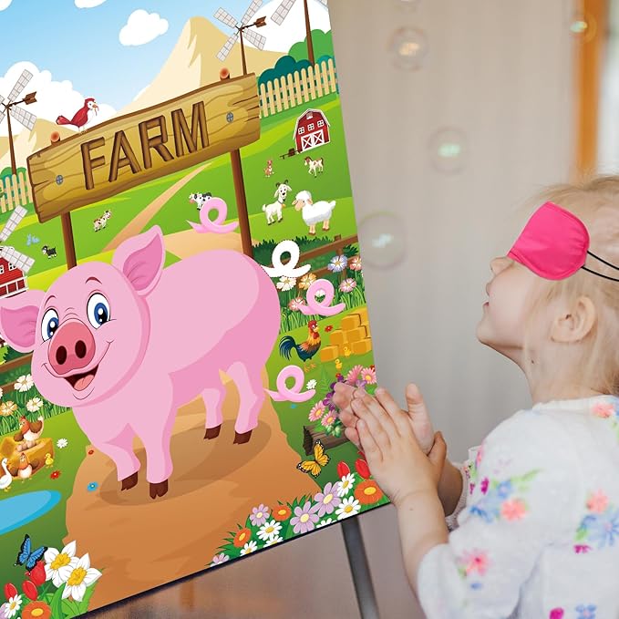 Hooqict Pin The Tail on The Pig Party Game Farm Birthday Party Games for Kids Farm Animal Party Decorations Pig Party Supplies, Large Pin The Tail Game Poster with 36 Tail Stickers
