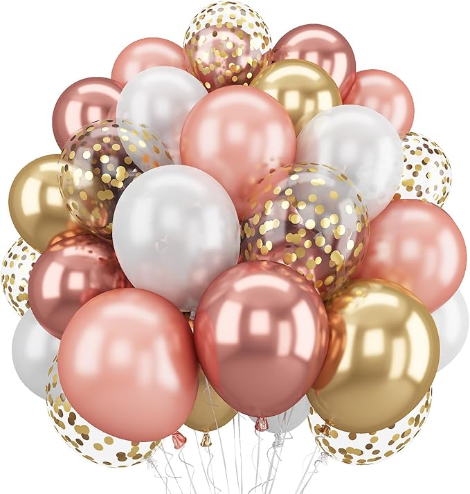 Rose Gold Confetti Balloons, 60 Packs 12 inch Metallic Rose Gold and Chrome Gold Party Balloon with Ribbon for Girls Women Birthday Wedding Anniversary Bridal Baby Shower Decoration