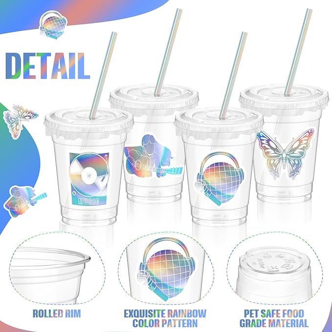 Domensi 50 Pcs Singer Birthday Party Pink Purple Music Theme Party Cups Holographic Birthday Supplies 12 oz Disposable Plastic Cup with Lid Straw Concert Guitar Disco Iridescent for Singer Fans