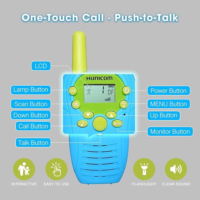 HUNICOM Kids Walkie Talkies with 3KM Range, 99 Privacy Codes, VOX Hands-Free, Built-in Flashlight & 10 Call Tones – Ideal for Outdoor Adventures, Family & Team Use (Blue)
