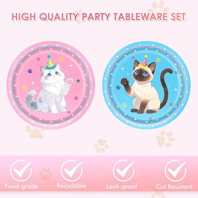 40Pcs Cat Birthday Decorations Tableware Set,Cute Kitten Theme Party Supplies Birthday Plates and Napkins Disposable Table Decor for Baby Shower Kids Birthday Gift,Serve 20 Guests