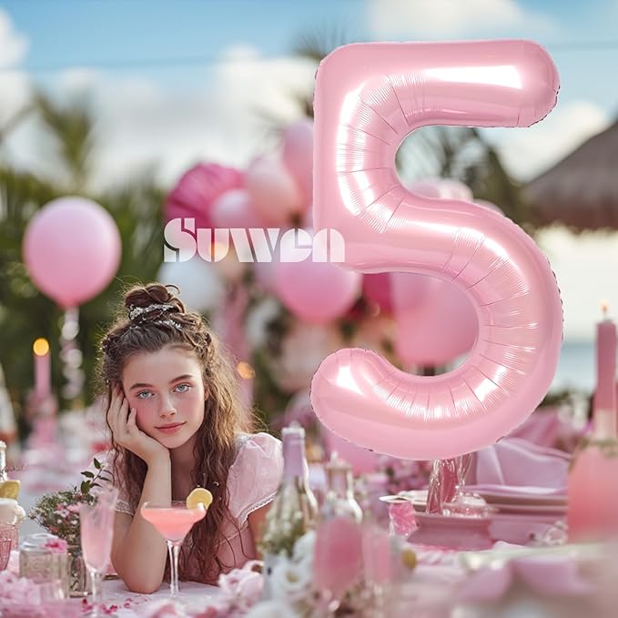 SUWEN 40 Inch Pink Large 5 Number Balloons Big Foil Helium Number Balloons 0-9 Jumbo Happy 5th Mylar Birthday Party Decorations for Girl Anniversary Party Supplies