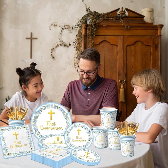 First Communion Decorations for Boys, Baptism Plates and Napkins Blue Primera Comunion Decoracion 1st Communion Party Supplies for Baptism Party Decorations Serves 25