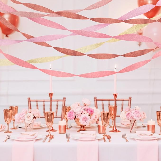 Crepe Paper Streamers Party Decorations, 6 Rolls Pink Rose Gold Party Streamers for Wedding, Birthday, Bachelorette, Baby Bridal Shower Party Decorations