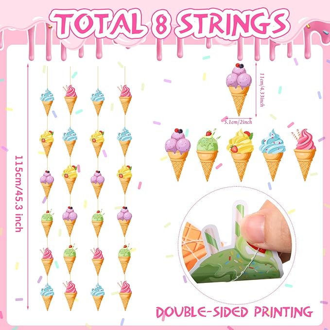 Duraaamo 8 Pack Ice Cream Party Banner Decorations Ice Cream Paper Garland Birthday Paper Hanging Cutouts for Theme Birthday Gender Reveal Party Supplies Decoration