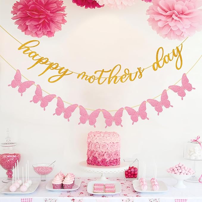 Happy Mother's Day Banner Decorations for Party Glitter Gold Pink Butterfly for Mother's Day Party Decorations Backdrop Garland Photo Props
